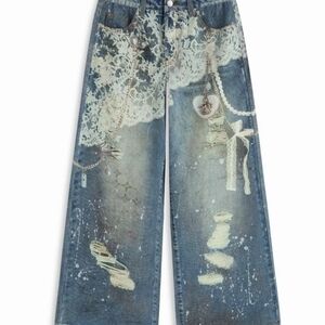 Cider Denim Low Rise Lace Graphic Wide Leg Jeans
